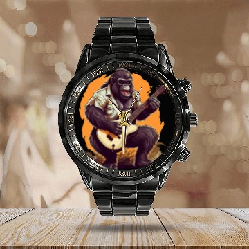 Discover Musical Gorilla: Strumming an Acoustic Guitar Calendar Steel Band Watch