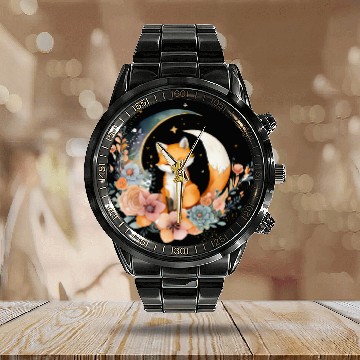 Discover Lunar Lullaby: Cute Fox on the Moon Calendar Steel Band Watch