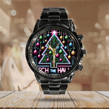 Discover Tech the Halls - Christmas Tree in 8-bit Neon Calendar Steel Band Watch