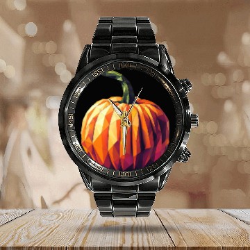 Discover Autumn Magic: Geometric Pumpkin in Polygon Art Calendar Steel Band Watch