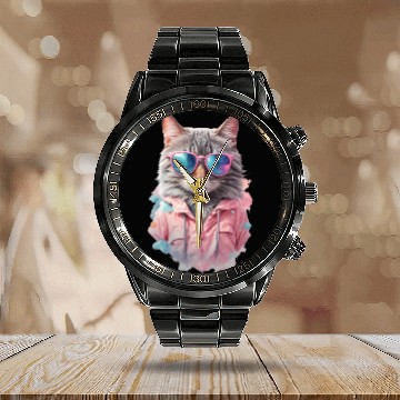 Discover Modern Chic Cat In Pink Pastel Color Calendar Steel Band Watch