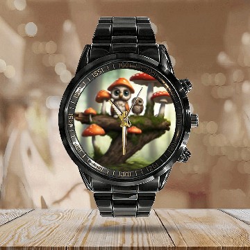 Discover Cute Owls and Wild Mushrooms Calendar Steel Band Watch