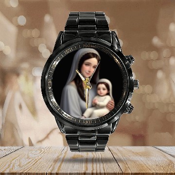 Discover Smiling Mother Mary with Baby Jesus Calendar Steel Band Watch