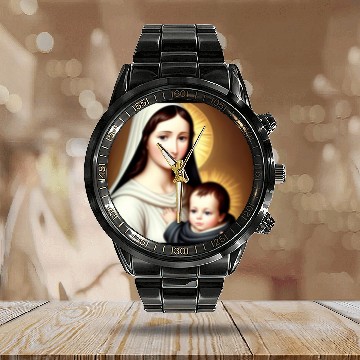 Discover Mother Mary and Baby Jesus Calendar Steel Band Watch