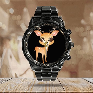 Discover cute little deer with big antlers Calendar Steel Band Watch