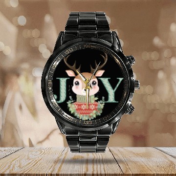 Discover cute deer with sweater and Christmas wreath Calendar Steel Band Watch