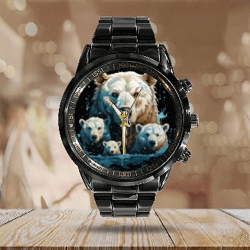 Discover A Polar Bear Family Gift Bear Mom and Cubs Calendar Steel Band Watch