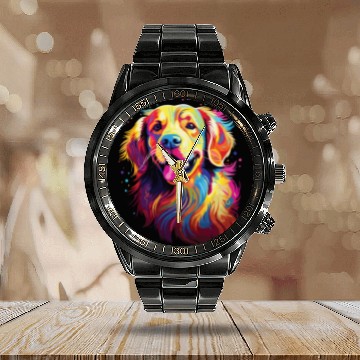 Discover Watercolor Colorful Golden Retriever Calendar Steel Band Watch