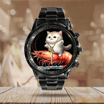 Discover Cat rides on shrimp Calendar Steel Band Watch