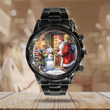 Discover Santa Claus and a snowman distributes gifts. Calendar Steel Band Watch