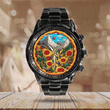 Discover Pizza landscape Calendar Steel Band Watch