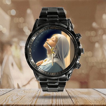 Discover Virgin Mother Mary Praying on a Starry Night Calendar Steel Band Watch