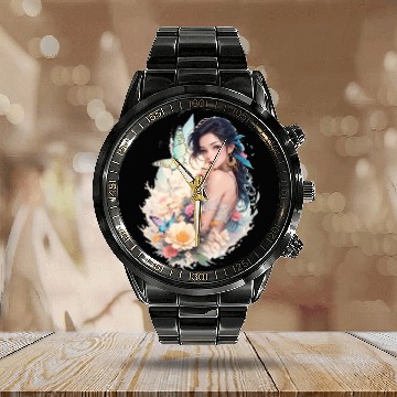 Discover lady flower butterfly Calendar Steel Band Watch