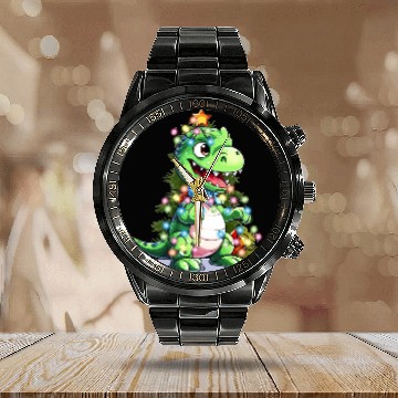 Discover Christmas Dino Kids Funny T rex Christmas Tree Boy Calendar Steel Band Watch