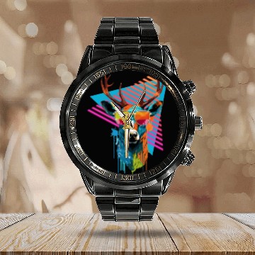 Discover Deer with sunglasses 80s 90s Calendar Steel Band Watch