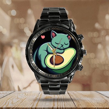 Discover Green Cat Sleeping On An Avocado With Heart Calendar Steel Band Watch