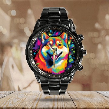 Discover Watercolor Colorful Shiba Inu Calendar Steel Band Watch