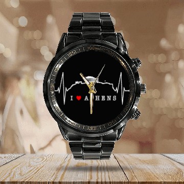 Discover Athens Skyline Heartbeat Heart Flag Ancient Greek Calendar Steel Band Watch