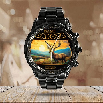 Discover North Dakota - Elk Calendar Steel Band Watch