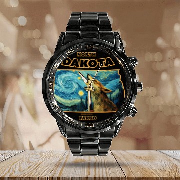 Discover North Dakota - Coyote Calendar Steel Band Watch