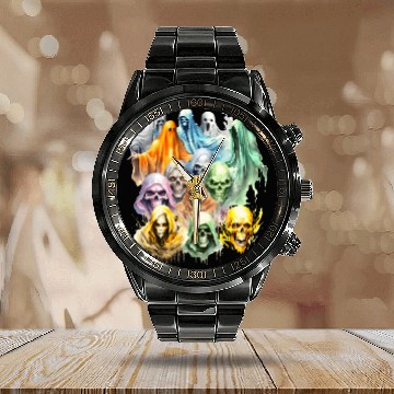 Discover Scary Halloween Vintage Ghosts Skulls and Ghouls Calendar Steel Band Watch