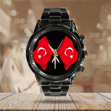 Discover Two flags of Turkey crossed, Calendar Steel Band Watch