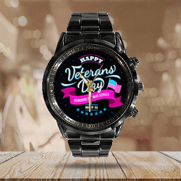 Discover Text Veterans day Calendar Steel Band Watch