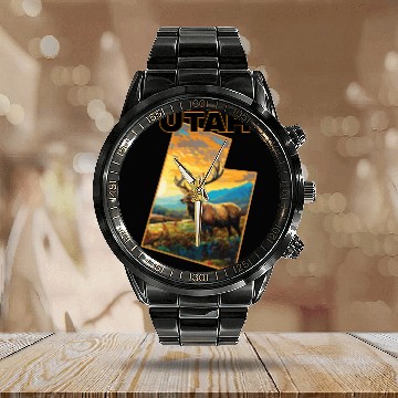 Discover Utah Wildlife - elk Calendar Steel Band Watch