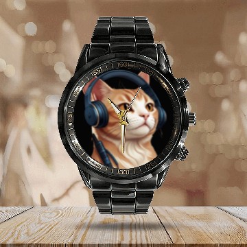 Discover Music Lover Cat V II on Unisex Poly Cotton Calendar Steel Band Watch