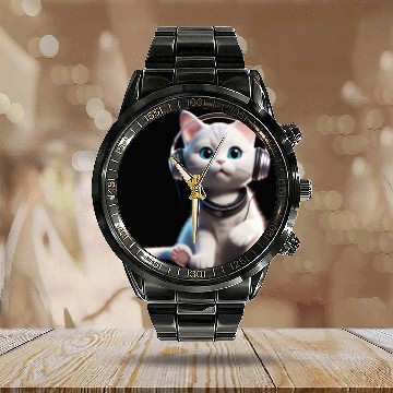 Discover Music Lover Cat V II on Unisex Poly Cotton Calendar Steel Band Watch