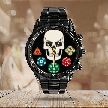 Discover TABLETOP GAMER DICE SKULL PIRATE JOLLY ROGER Calendar Steel Band Watch