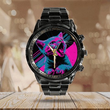 Discover Glitchy Kitten Techno Digital Cat Lovers Meow Calendar Steel Band Watch