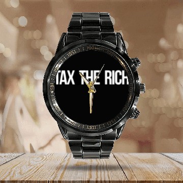 Discover Tax The Rich white on black Calendar Steel Band Watch