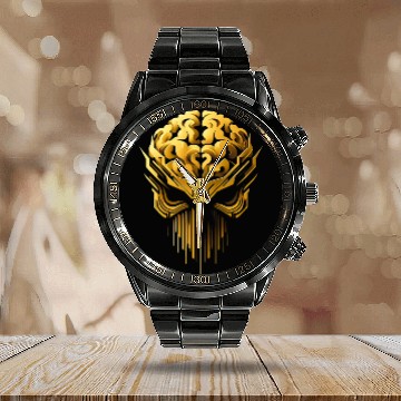 Discover Gold skull brain head Calendar Steel Band Watch