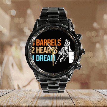 Discover Barrel Racing Western 3 Barrels 2 Hearts 1 Dream Calendar Steel Band Watch