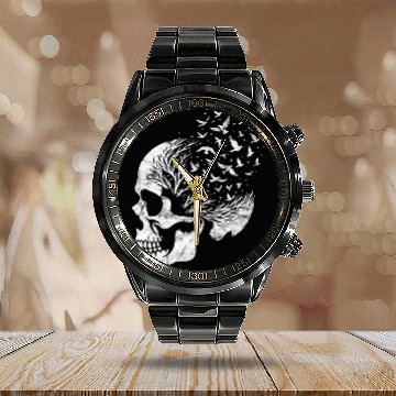 Discover Vintage Skull Graphic Halloween Gothic Emo Calendar Steel Band Watch