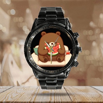 Discover Cosy bear enjoying watermelon Calendar Steel Band Watch