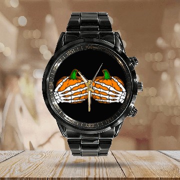 Discover Halloween Skeleton Hands On Chest Pumpkin Boobs Calendar Steel Band Watch