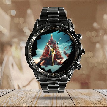 Discover Christmas tree, Santa, gifts, and Reindeer Calendar Steel Band Watch