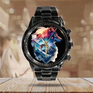 Discover wolf and a mountain natural scenery Calendar Steel Band Watch