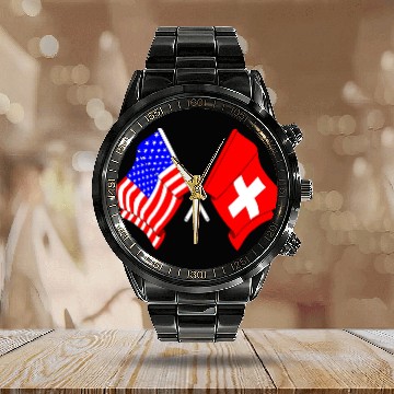 Discover USA flag USA and Switzerland flag Calendar Steel Band Watch