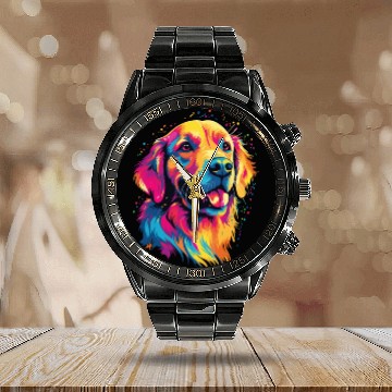 Discover Watercolor Colorful Golden Retriever Calendar Steel Band Watch
