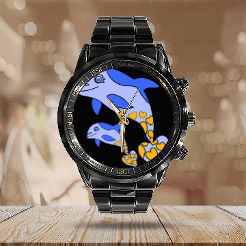 Discover The Endearing Dance of Dolphin Mom and Kid Calendar Steel Band Watch