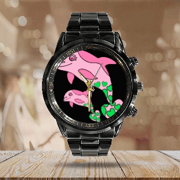 Discover The Endearing Dance of Dolphin Mom and Kid Calendar Steel Band Watch