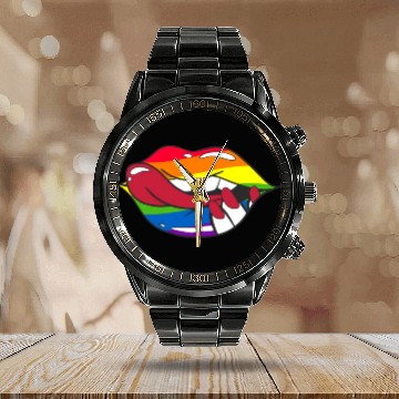 Discover LGBTQ Rainbow Pride Flag Funny Sexy Lips Calendar Steel Band Watch