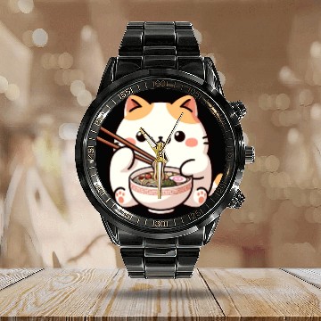 Discover Neko Cat Eating Ramen Noodles Anime Calendar Steel Band Watch