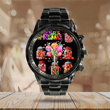 Discover Merry Christmas Sweet Candy Canes Calendar Steel Band Watch