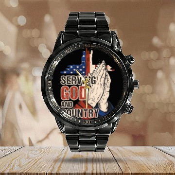 Discover Serving God And Country US Flag Cross Patriotic Ch Calendar Steel Band Watch