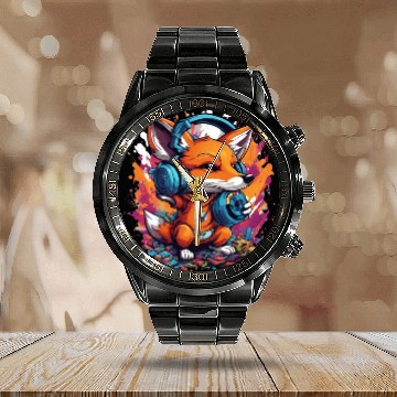 Discover Fox with Graffiti Headphones Playing Yoyo Calendar Steel Band Watch