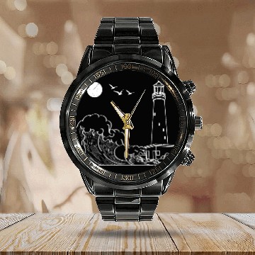 Discover sea waves seagulls gift full moon lighthouse Calendar Steel Band Watch